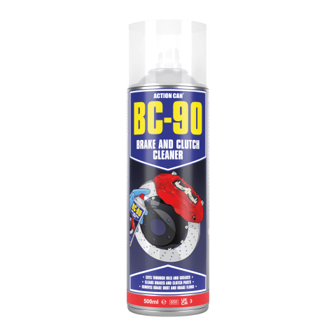 A 500ml aerosol can of Action Car BC-90 Brake and Clutch Cleaner, featuring a white cap, a blue and yellow label, and an illustration of a red brake caliper, set against a transparent background.