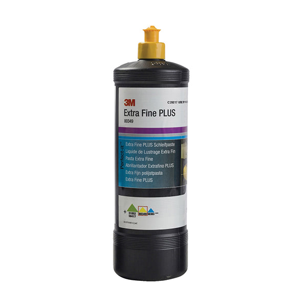 A black bottle of 3M Perfect-It Extra Fine Plus Compound with a yellow cap, designed for vehicle polishing.