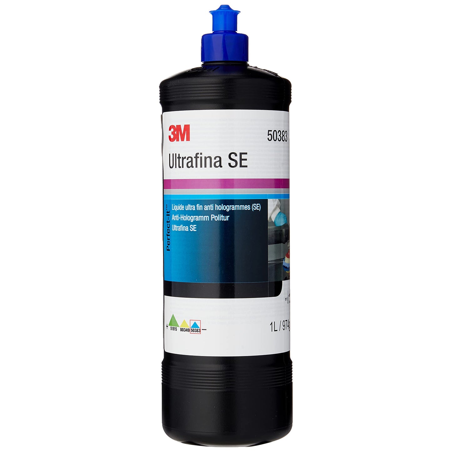 Front shot of Ultrafina SE, a black bottle with a blue cap and white label. On a white background.