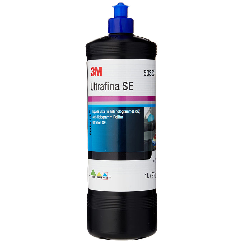 Front shot of Ultrafina SE, a black bottle with a blue cap and white label. On a white background.