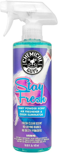 A bottle of Chemical Guys Stay Fresh Baby Powder Air Freshener with a pink and purple label, and a spray nozzle.