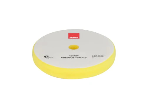 Rupes rotary fine polishing pad. Yellow foam with white hook and loop backing.