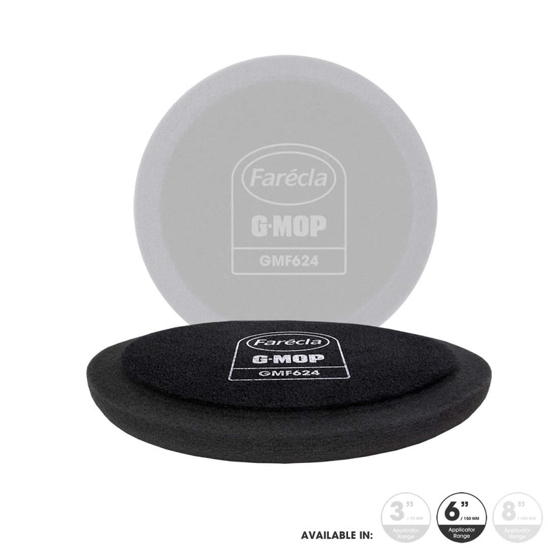 A black finishing foam mop mop with a white label in the center displaying the brand Farecla and the model GM624.