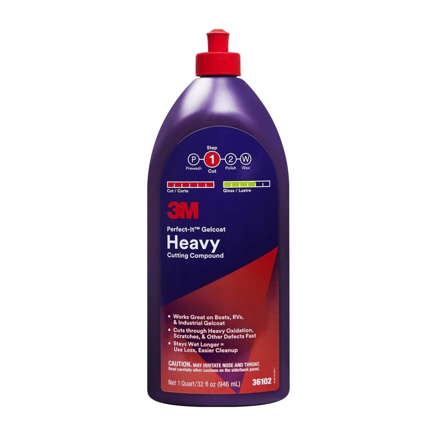 A plastic bottle of 3M Perfect-It Gelcoat Heavy Cutting Compound with a red cap. The label includes the product name and details such as 'Washes, Dries, and Polishes'.