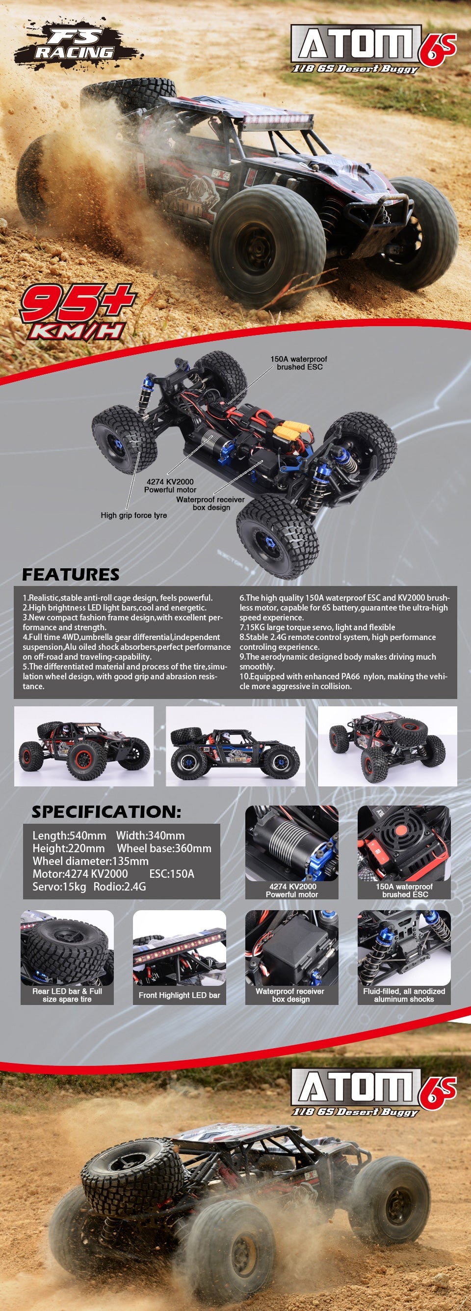 FS Racing Atom 6S 95 km/h Extreme Speed 1:8 RTR Electric RC Desert Buggy with Twin Lipos