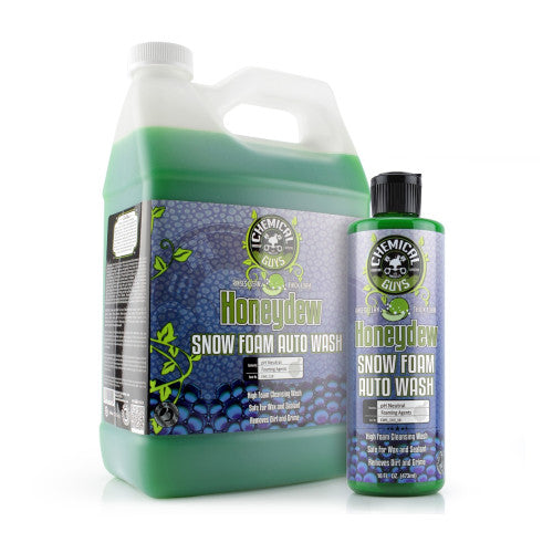 Two bottles of Chemical Guys Honeydew Snow Foam Shampoo, one large and one small, with green and blue labeling and branding.