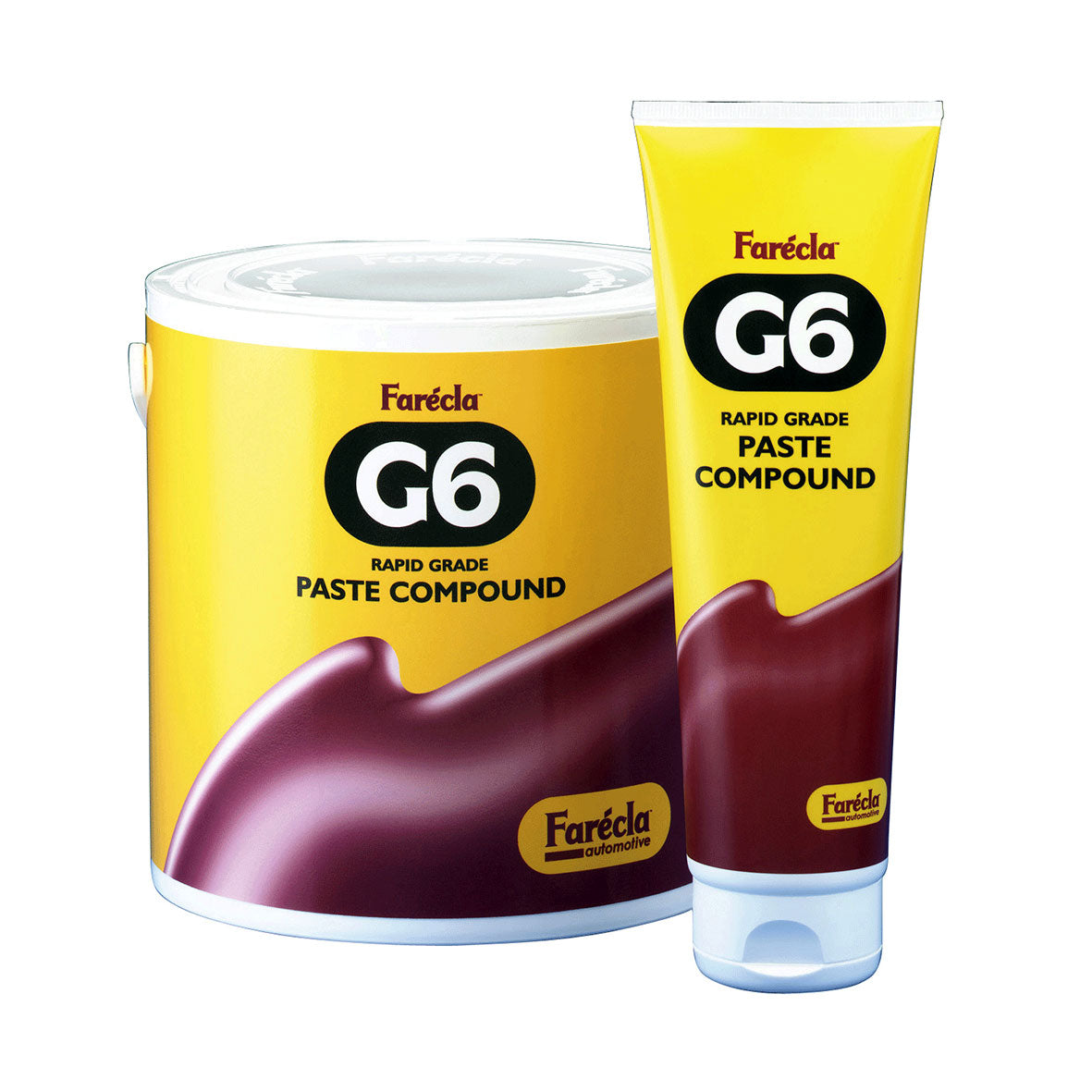 A tube and container of Farecla G6 Paste Compound, which is a silicone-free vehicle body filler.