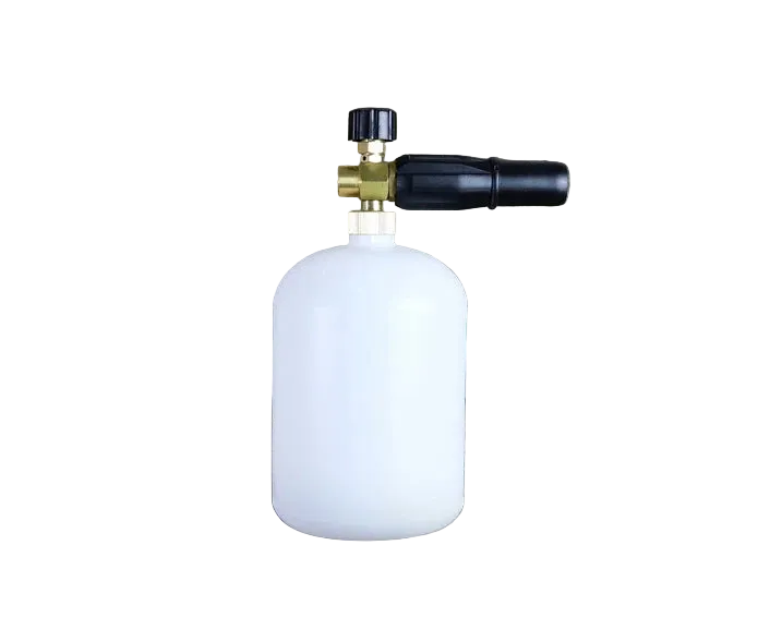 Foam cannon for car washing on a wooden background
