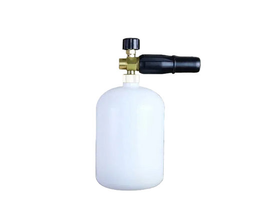 Foam cannon for car washing on a wooden background