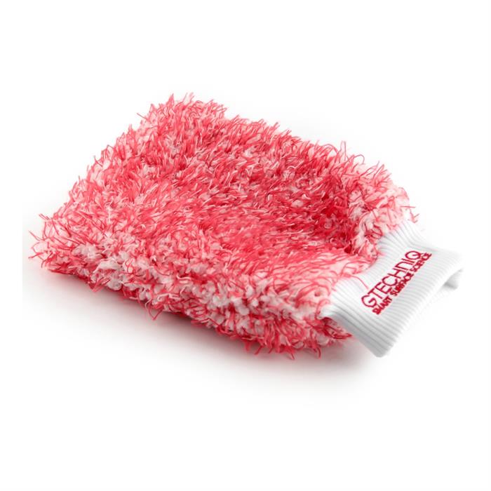 A pink microfiber wash mitt with a branded label on the side.