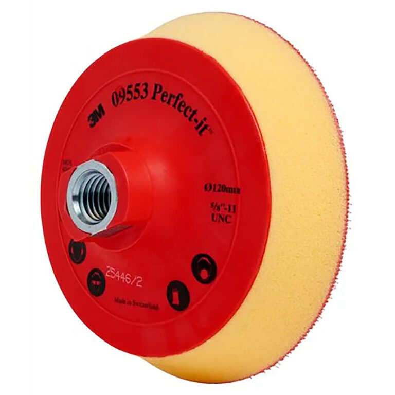 3M Perfect-It Polishing Back-Up Pad, red in color with a yellowing agent, designed for single-sided compounding or polishing pads, and a diameter of 125mm.