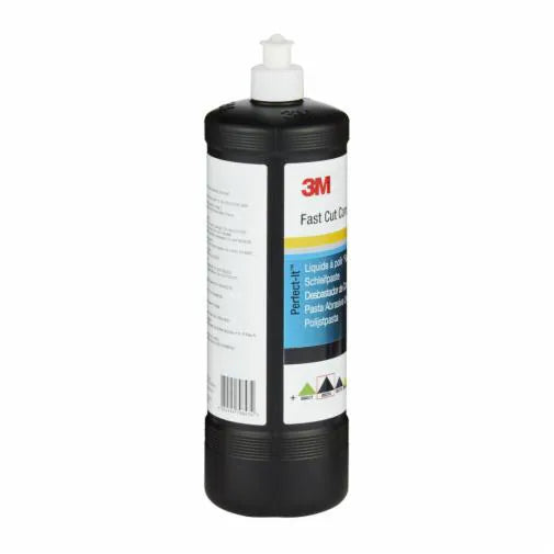 A black spray bottle labeled '3M Perfect-It Fast Cut Compound' for vehicle repair.
