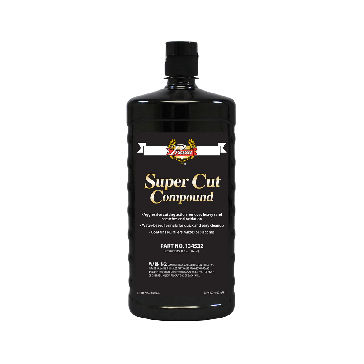 Presta Super Cut Compound, black bottle with black cap. On a transparent background.