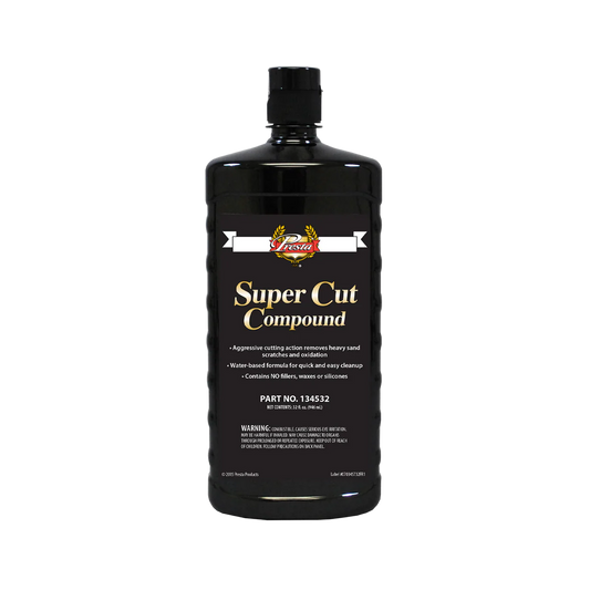 Presta Super Cut Compound, black bottle with black cap. On a transparent background.
