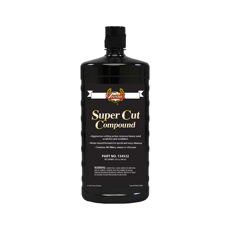 Presta Super Cut Compound, black bottle with black cap. On a transparent background.