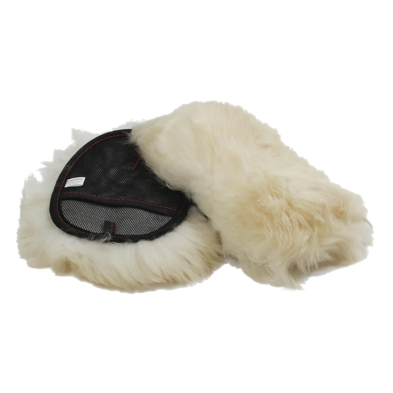A white merino wool wash mitt for cars, with a black base and woolly texture, designed to stick to the car surface for effective cleaning.
