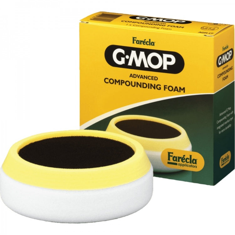 A packaged Farecla G-Mop Advanced Compounding Foam, predominantly yellow and white in color, with the product visible through a clear window on the packaging.