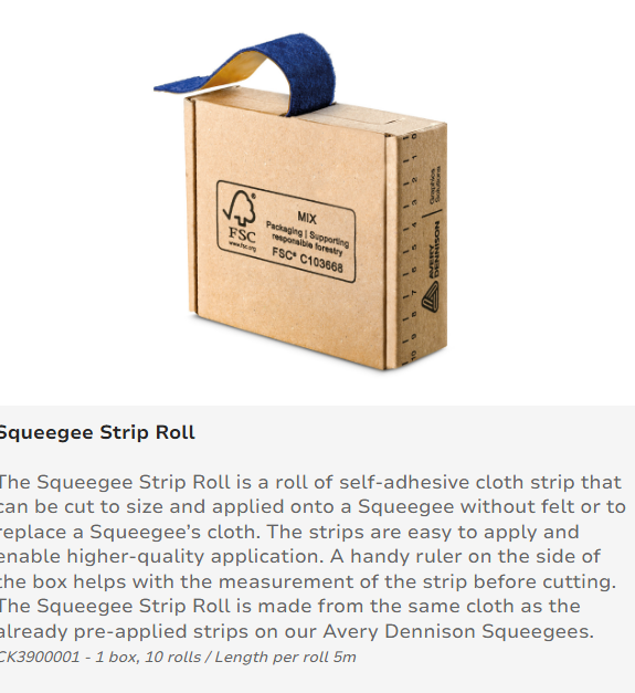 Squeegee cloth strip roll in a dispenser box with product information