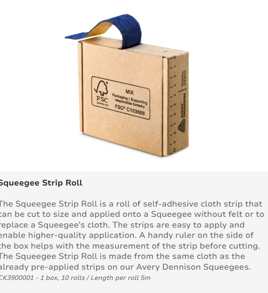 Squeegee cloth strip roll in a dispenser box with product information