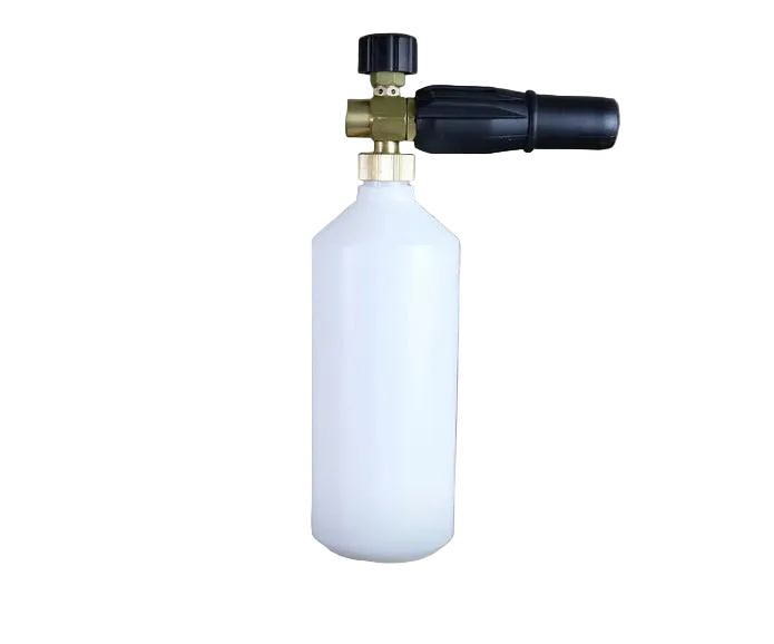 Foam cannon for car washing on a wooden background