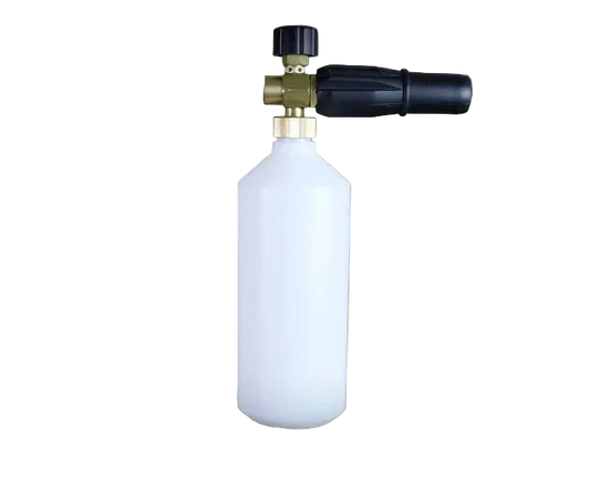 Foam cannon for car washing on a wooden background